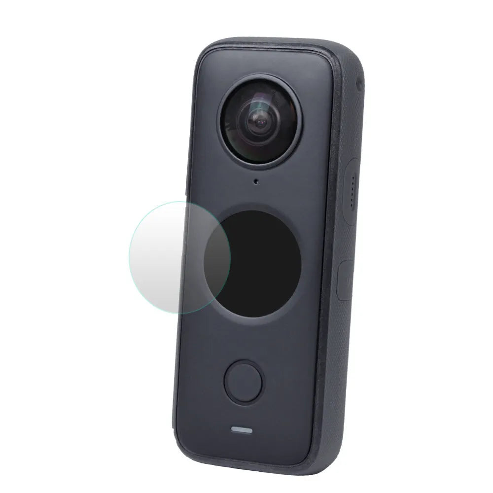 Black tempered glass screen protector for Insta360 One X2 camera showing HD clarity and precise cut dimensions