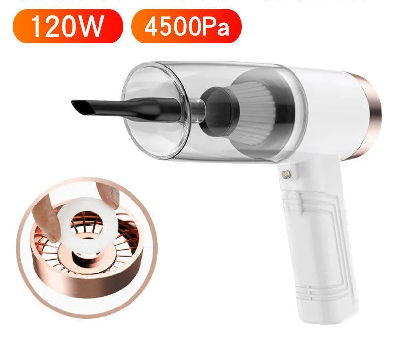 Car vacuum cleaner in black or white with five suction head accessories and 5-metre power cord