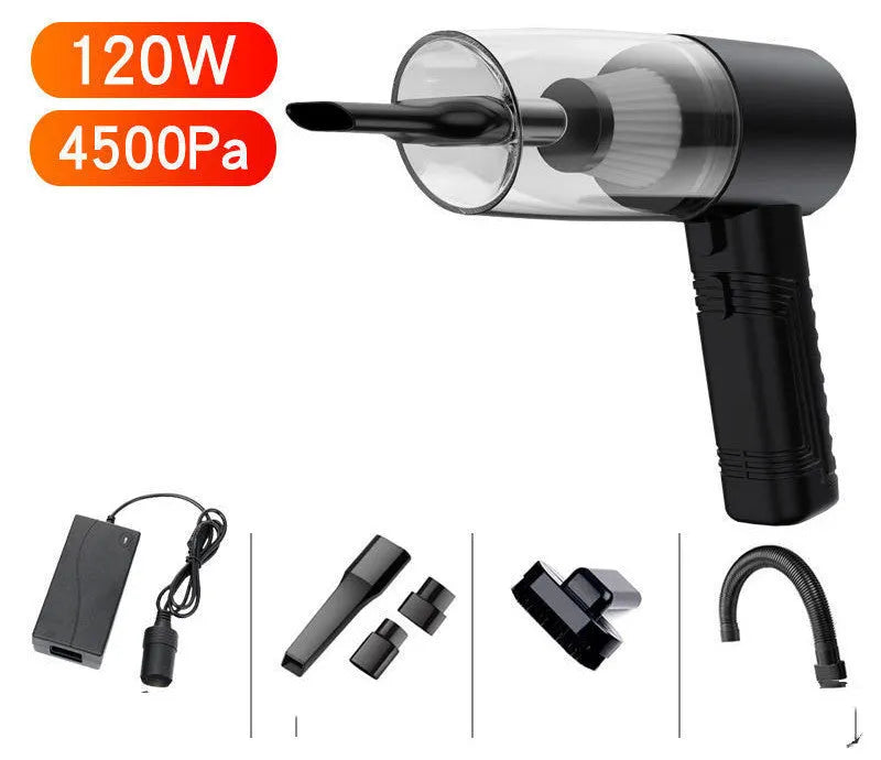 Car vacuum cleaner in black or white with five suction head accessories and 5-metre power cord