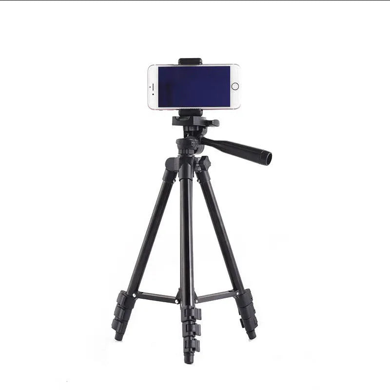 Black aluminium alloy tripod extended to maximum height with 3D head and quick board for iPhone and DSLR cameras