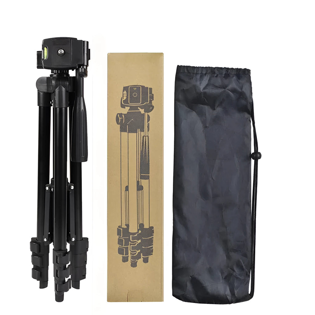 Black aluminium alloy tripod extended to maximum height with 3D head and quick board for iPhone and DSLR cameras