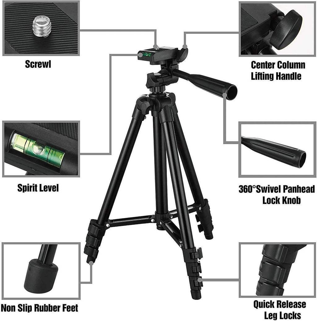 Black aluminium alloy tripod extended to maximum height with 3D head and quick board for iPhone and DSLR cameras