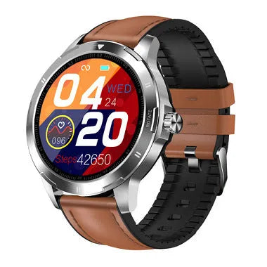 Waterproof sports bracelet with circular screen showing weather and call notifications on silicone wristband