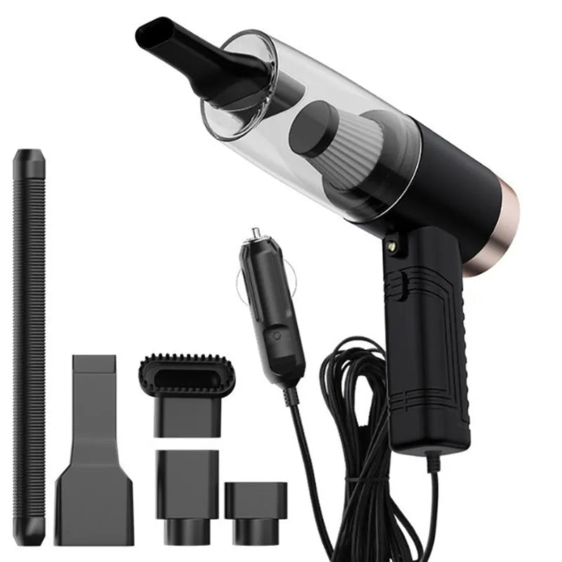 Car vacuum cleaner in black or white with five suction head accessories and 5-metre power cord