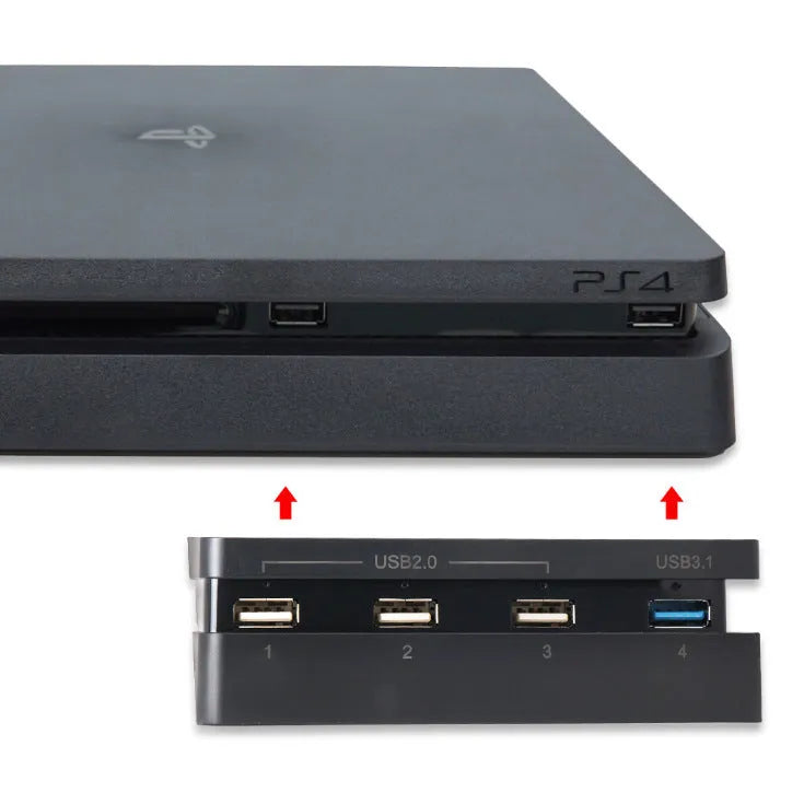 Black PS4 Slim USB hub extender with USB 2.0 and 3.0 ports for gaming console connectivity expansion
