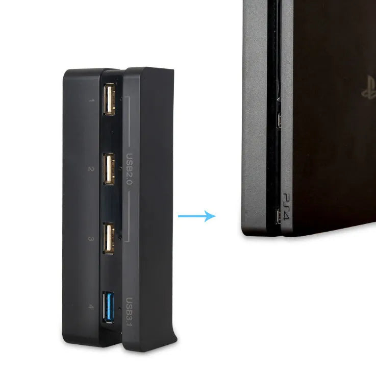 Black PS4 Slim USB hub extender with USB 2.0 and 3.0 ports for gaming console connectivity expansion