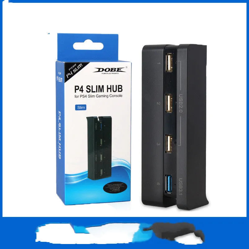 Black PS4 Slim USB hub extender with USB 2.0 and 3.0 ports for gaming console connectivity expansion