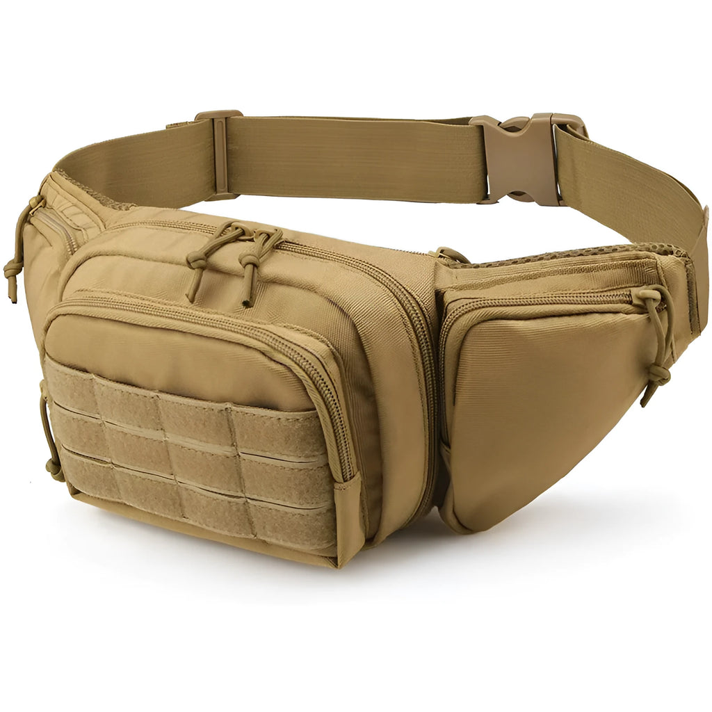 Men's tactical waist bag in black or khaki with adjustable compartment and multifunctional carrying straps