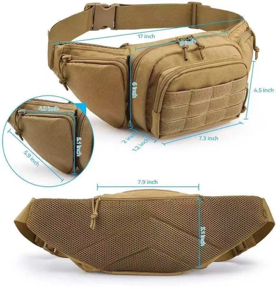 Men's tactical waist bag in black or khaki with adjustable compartment and multifunctional carrying straps