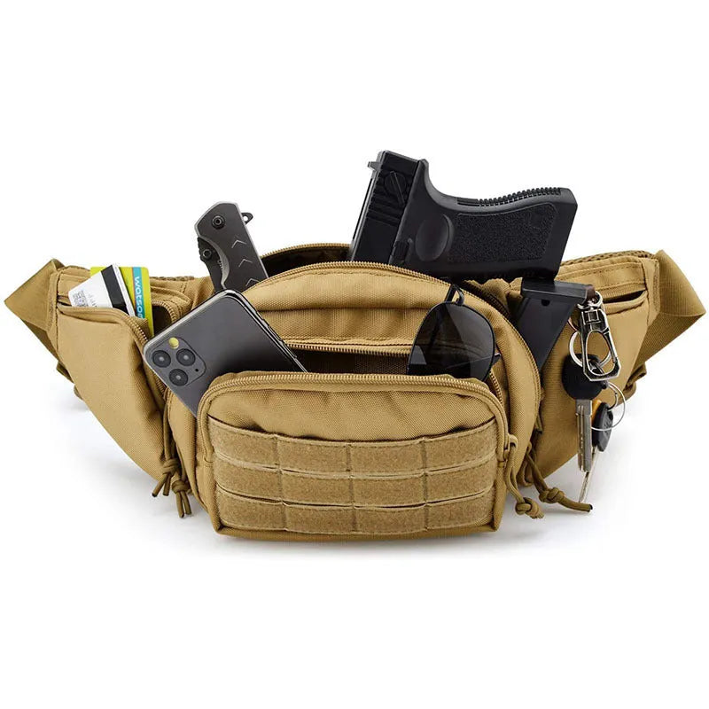 Men's tactical waist bag in black or khaki with adjustable compartment and multifunctional carrying straps