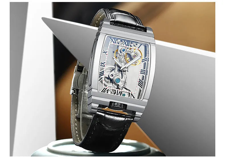 Daystar square stainless steel mechanical watch with 42mm case and manual wind movement
