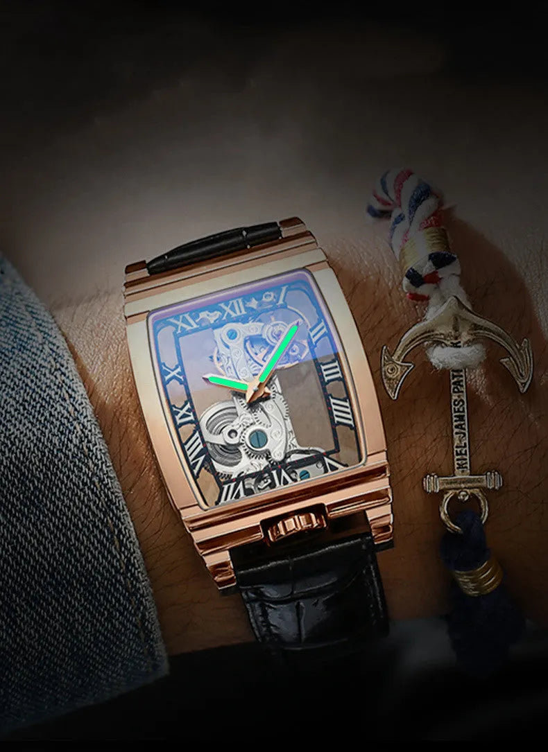 Daystar square stainless steel mechanical watch with 42mm case and manual wind movement