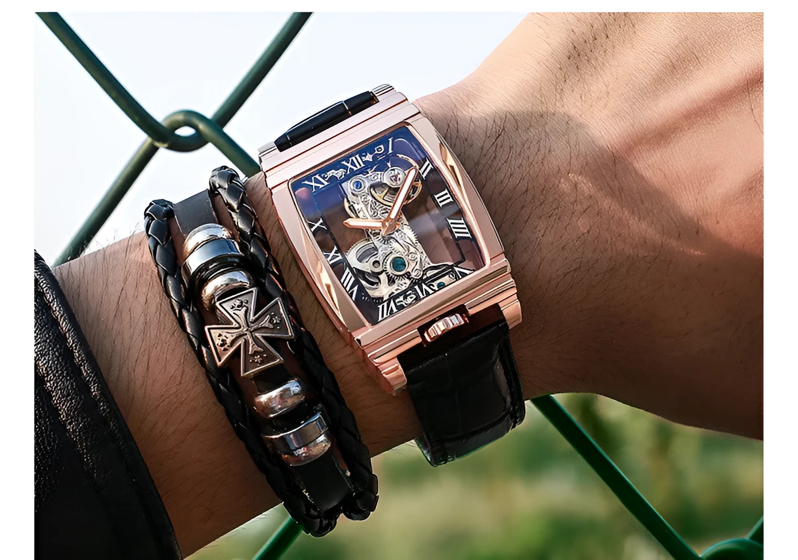 Daystar square stainless steel mechanical watch with 42mm case and manual wind movement