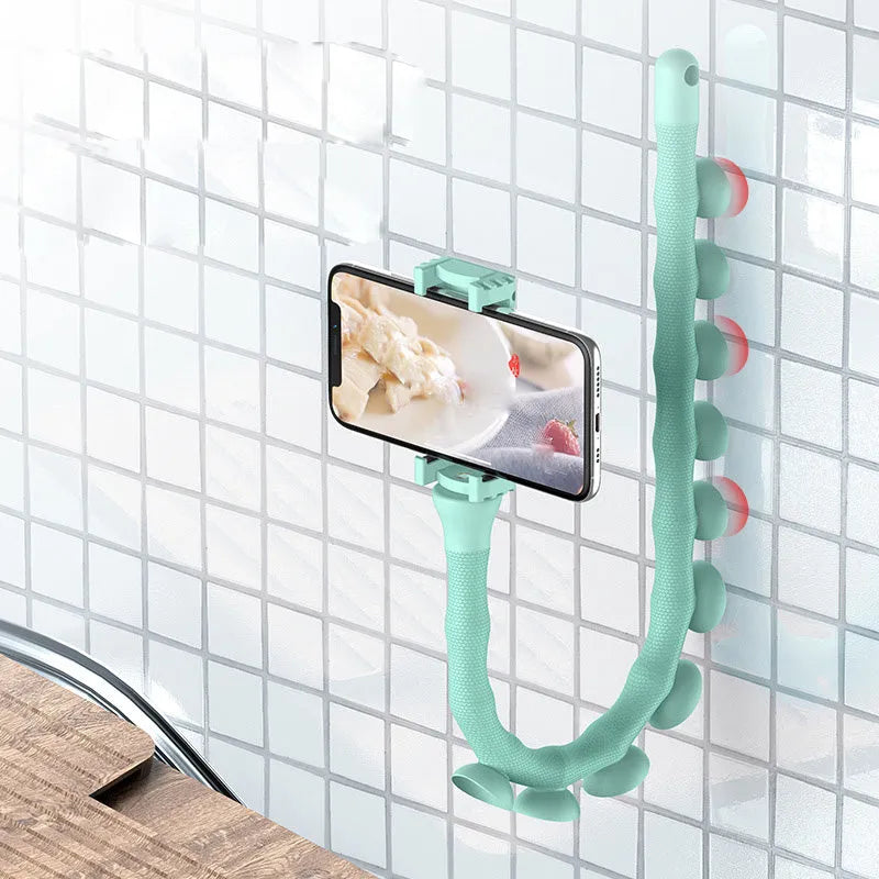 Black flexible lazy bracket phone holder extended to 62cm with suction cup mount showing 360° rotation mechanism