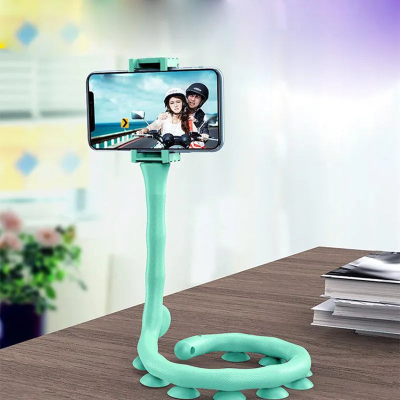 Black flexible lazy bracket phone holder extended to 62cm with suction cup mount showing 360° rotation mechanism