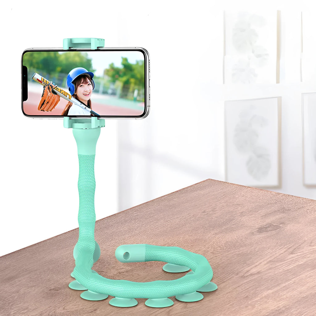 Black flexible lazy bracket phone holder extended to 62cm with suction cup mount showing 360° rotation mechanism