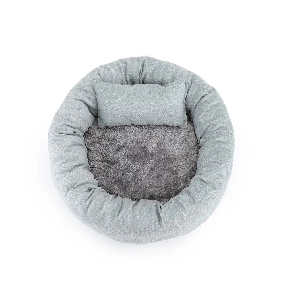 Round egg tart pet nest in grey crystal super soft flannel with rabbit fleece and PP cotton filling for indoor cats and dogs