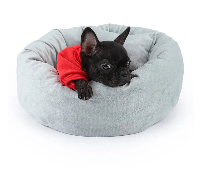 Round egg tart pet nest in grey crystal super soft flannel with rabbit fleece and PP cotton filling for indoor cats and dogs