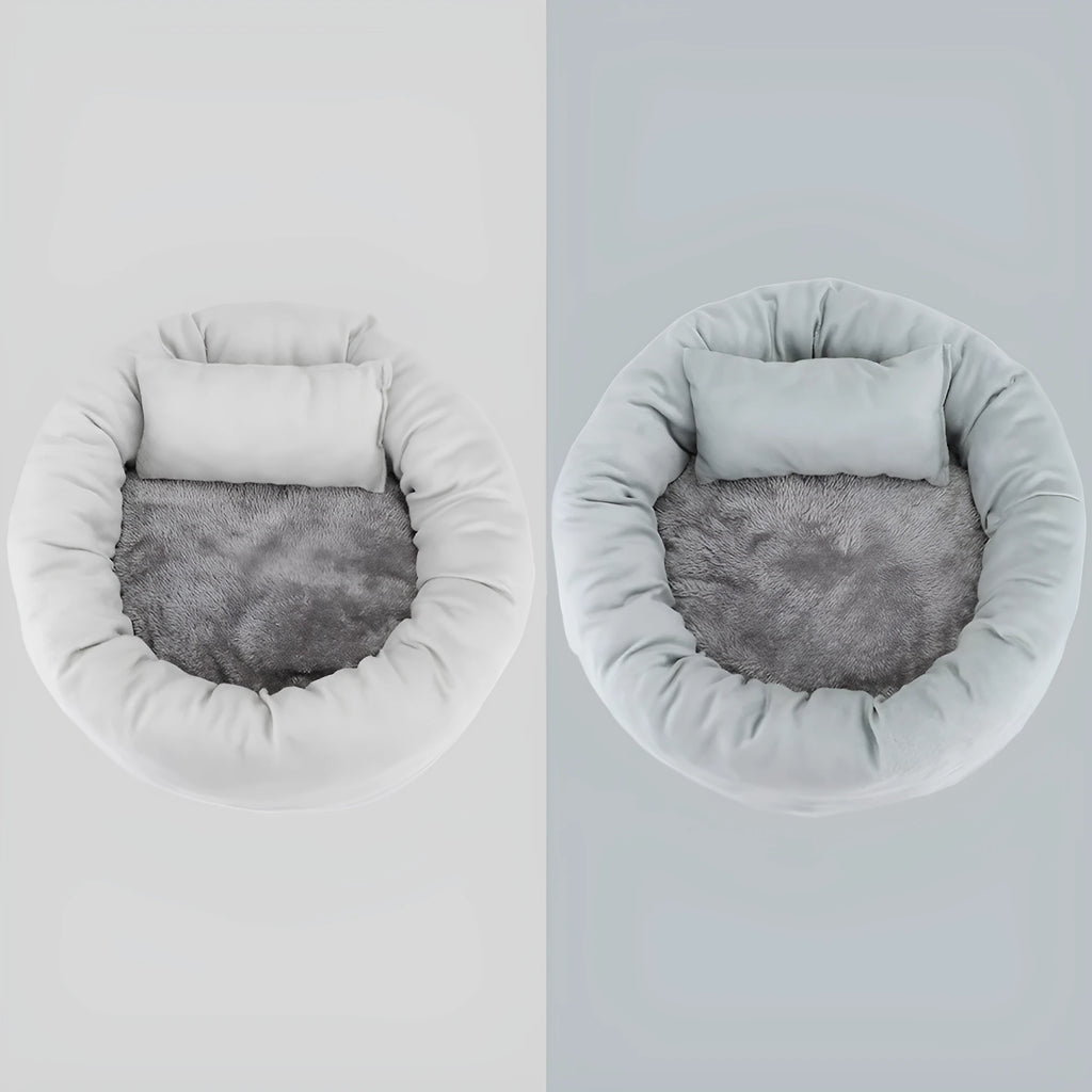 Round egg tart pet nest in grey crystal super soft flannel with rabbit fleece and PP cotton filling for indoor cats and dogs