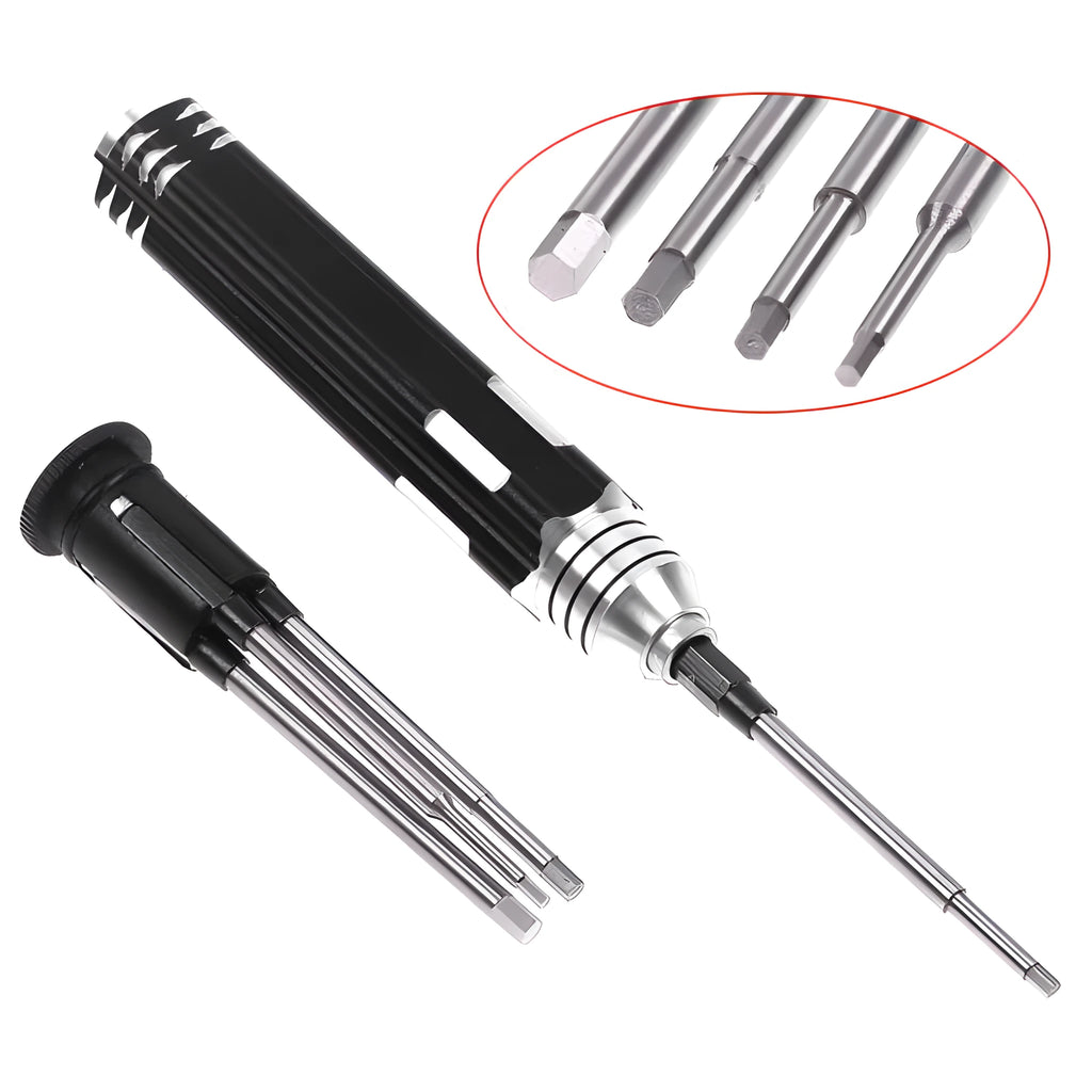 Black aluminium handle four-in-one hexagon socket screwdriver set for aeromodelling with 1.5mm, 2.0mm, 2.5mm, and 3.0mm sizes.