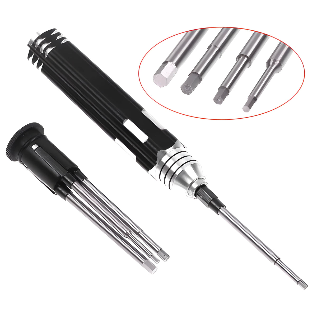 Black aluminium handle four-in-one hexagon socket screwdriver set for aeromodelling with 1.5mm, 2.0mm, 2.5mm, and 3.0mm sizes.