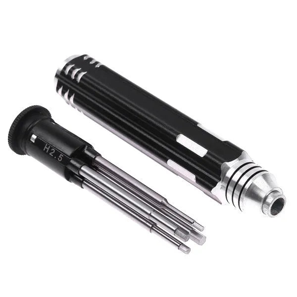 Black aluminium handle four-in-one hexagon socket screwdriver set for aeromodelling with 1.5mm, 2.0mm, 2.5mm, and 3.0mm sizes.