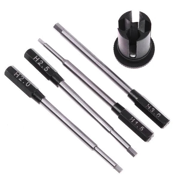 Black aluminium handle four-in-one hexagon socket screwdriver set for aeromodelling with 1.5mm, 2.0mm, 2.5mm, and 3.0mm sizes.