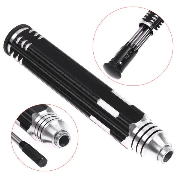 Black aluminium handle four-in-one hexagon socket screwdriver set for aeromodelling with 1.5mm, 2.0mm, 2.5mm, and 3.0mm sizes.