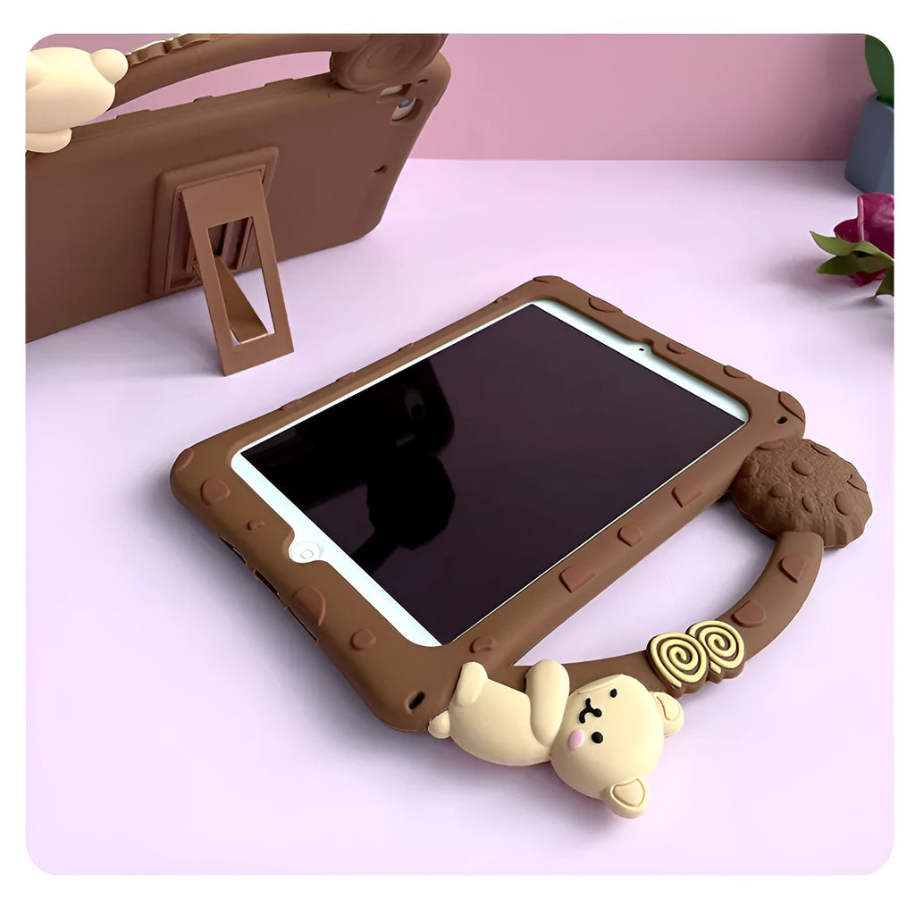 Brown cartoon silicone protective sleeve case for iPad tablets on a flat surface