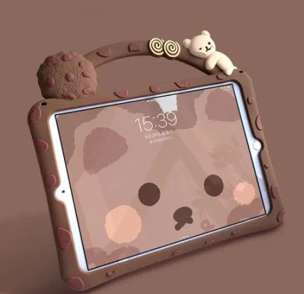 Brown cartoon silicone protective sleeve case for iPad tablets on a flat surface