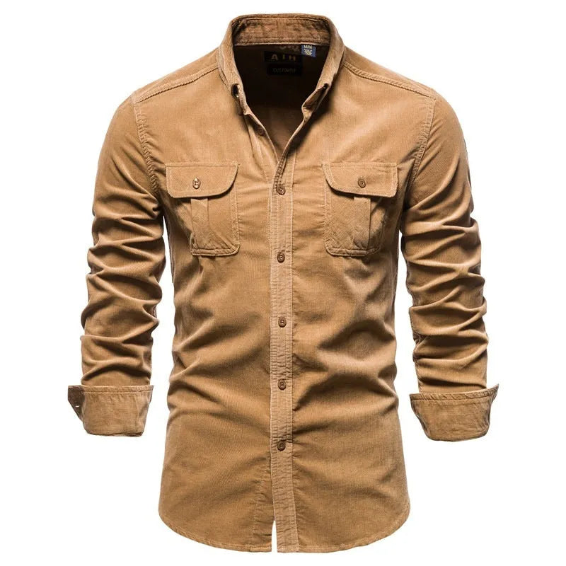 Men's casual long-sleeve linen shirt shown in multiple colours including denim blue, army green, and red.