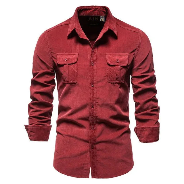 Men's casual long-sleeve linen shirt shown in multiple colours including denim blue, army green, and red.