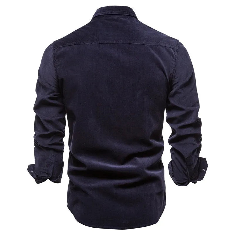 Men's casual long-sleeve linen shirt shown in multiple colours including denim blue, army green, and red.