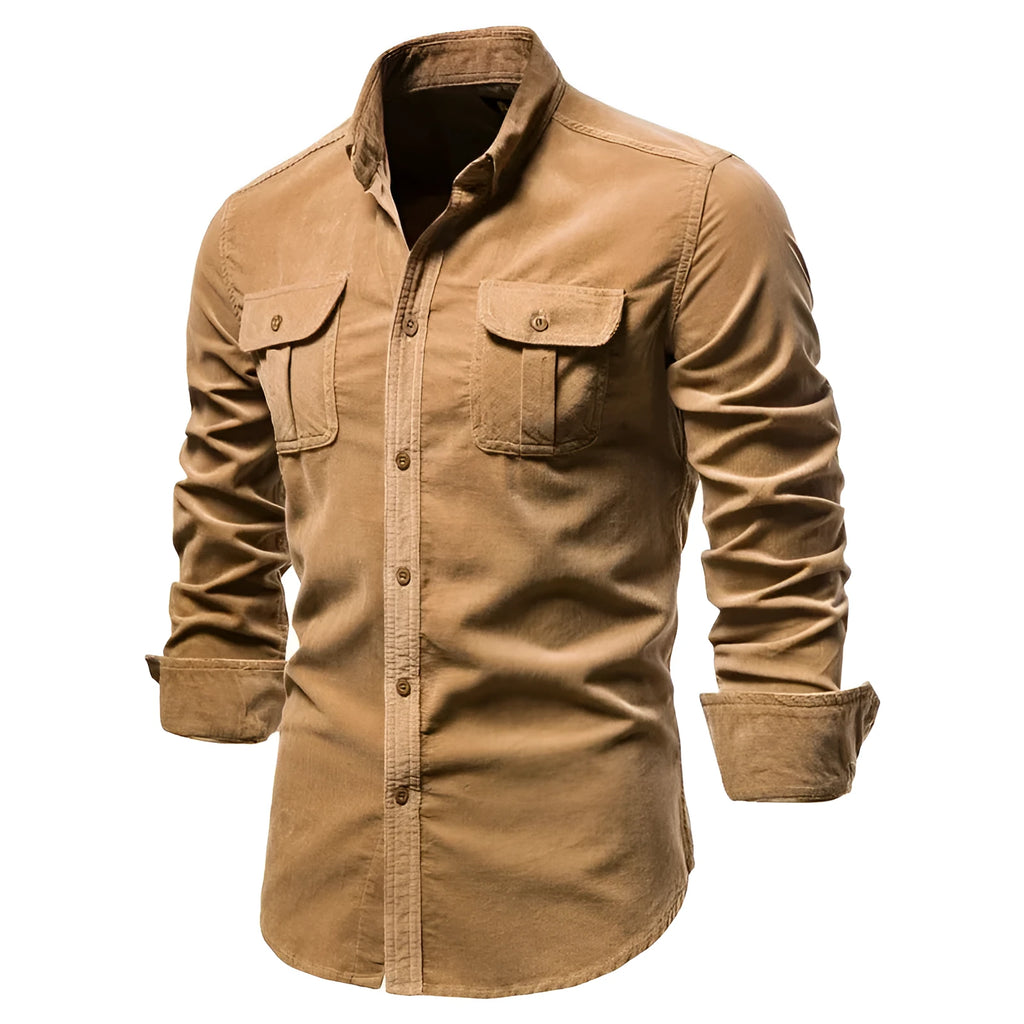 Men's casual long-sleeve linen shirt shown in multiple colours including denim blue, army green, and red.