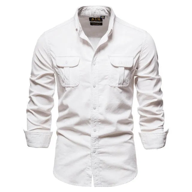 Men's casual long-sleeve linen shirt shown in multiple colours including denim blue, army green, and red.