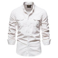 Men's casual long-sleeve linen shirt shown in multiple colours including denim blue, army green, and red.