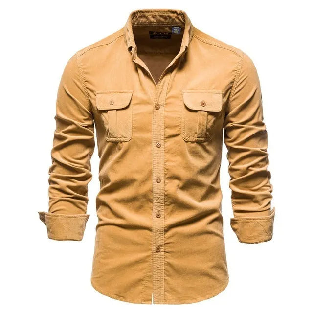 Men's casual long-sleeve linen shirt shown in multiple colours including denim blue, army green, and red.