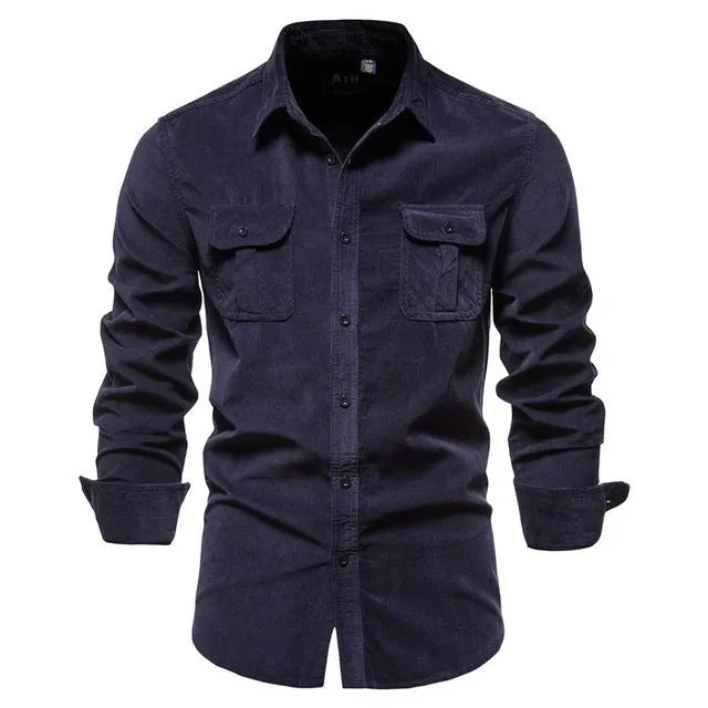 Men's casual long-sleeve linen shirt shown in multiple colours including denim blue, army green, and red.