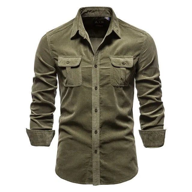 Men's casual long-sleeve linen shirt shown in multiple colours including denim blue, army green, and red.
