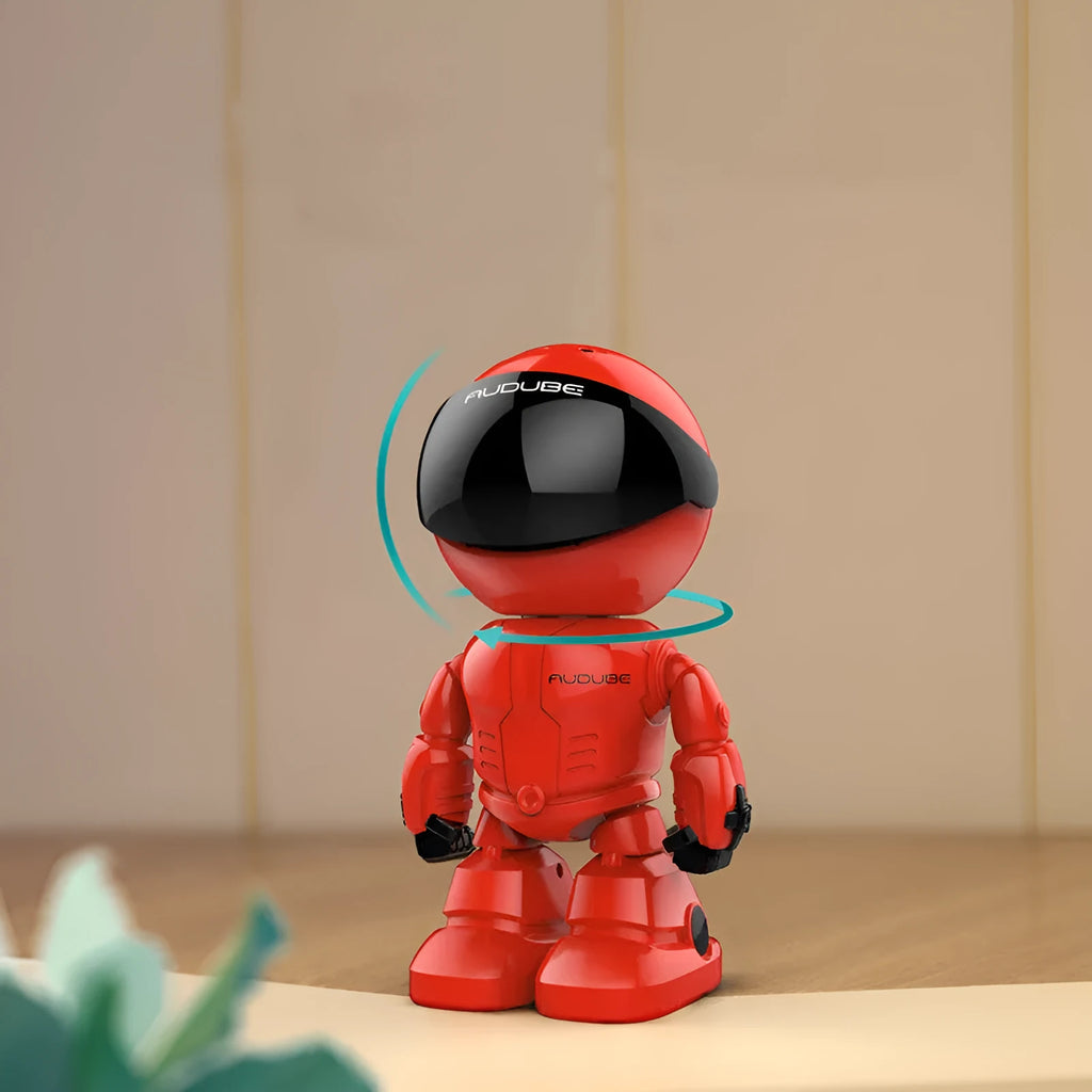 Silver remote HD night vision robot security camera with wide-angle lens on a stand.