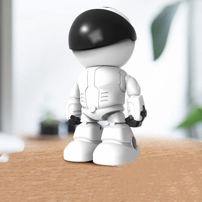 Silver remote HD night vision robot security camera with wide-angle lens on a stand.