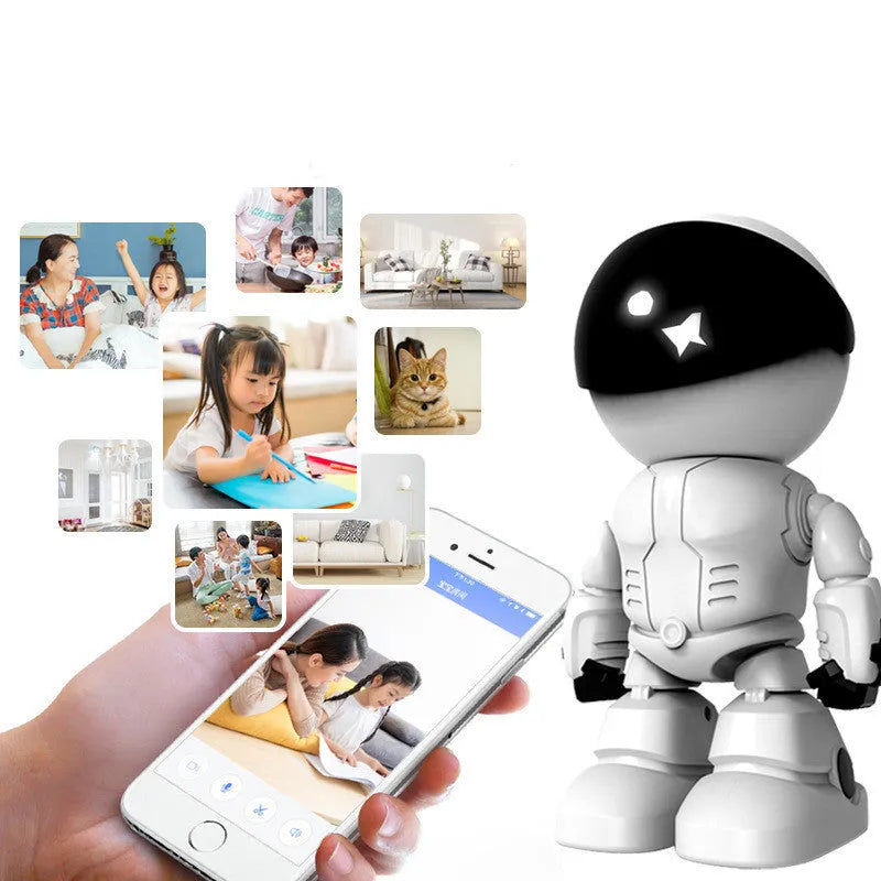 Silver remote HD night vision robot security camera with wide-angle lens on a stand.