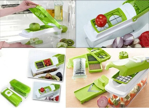 Green manual vegetable chopper with stainless steel blades and handheld design for kitchen food preparation