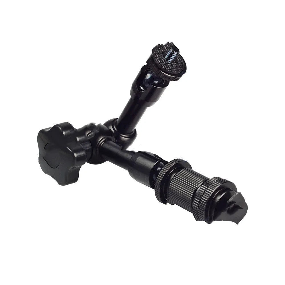 Black all-metal 7-inch magic friction articulating arm for DSLR cameras with hot shoe mount.