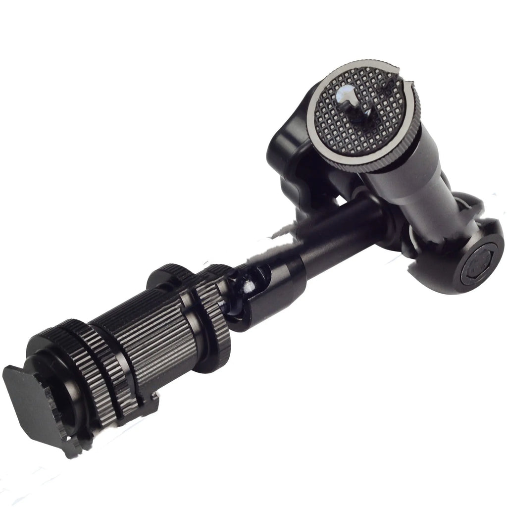 Black all-metal 7-inch magic friction articulating arm for DSLR cameras with hot shoe mount.