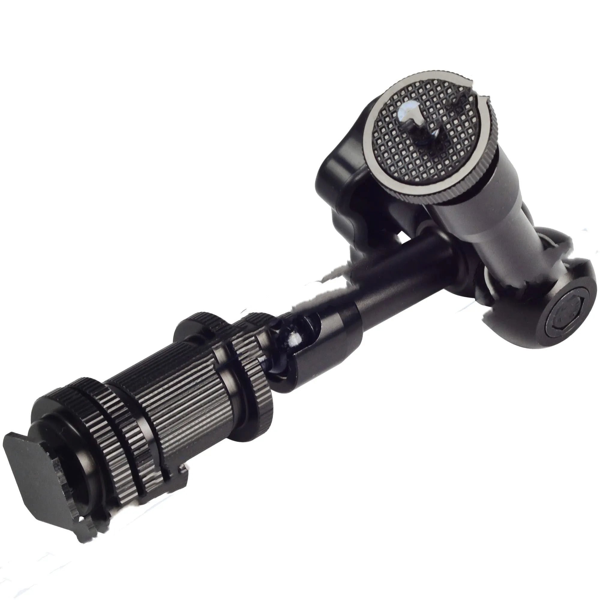Black all-metal 7-inch magic friction articulating arm for DSLR cameras with hot shoe mount.
