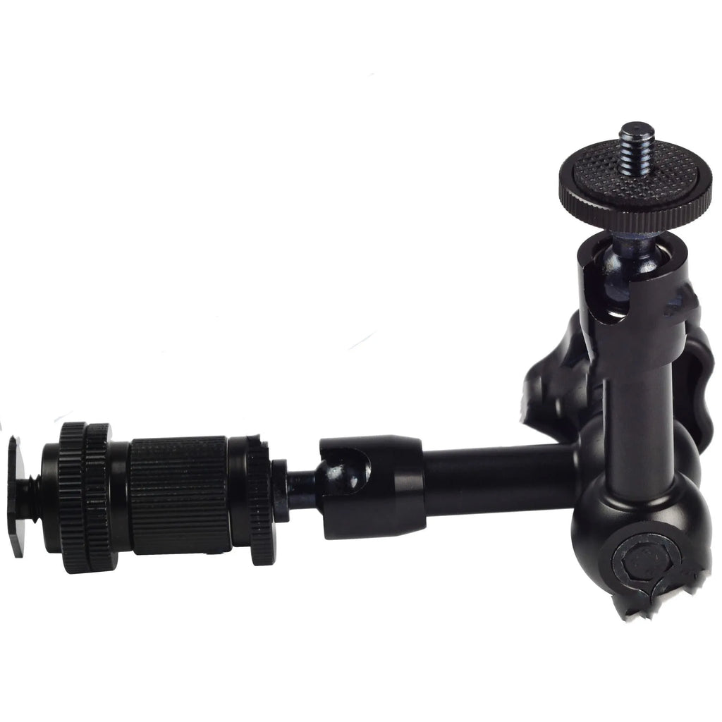 Black all-metal 7-inch magic friction articulating arm for DSLR cameras with hot shoe mount.