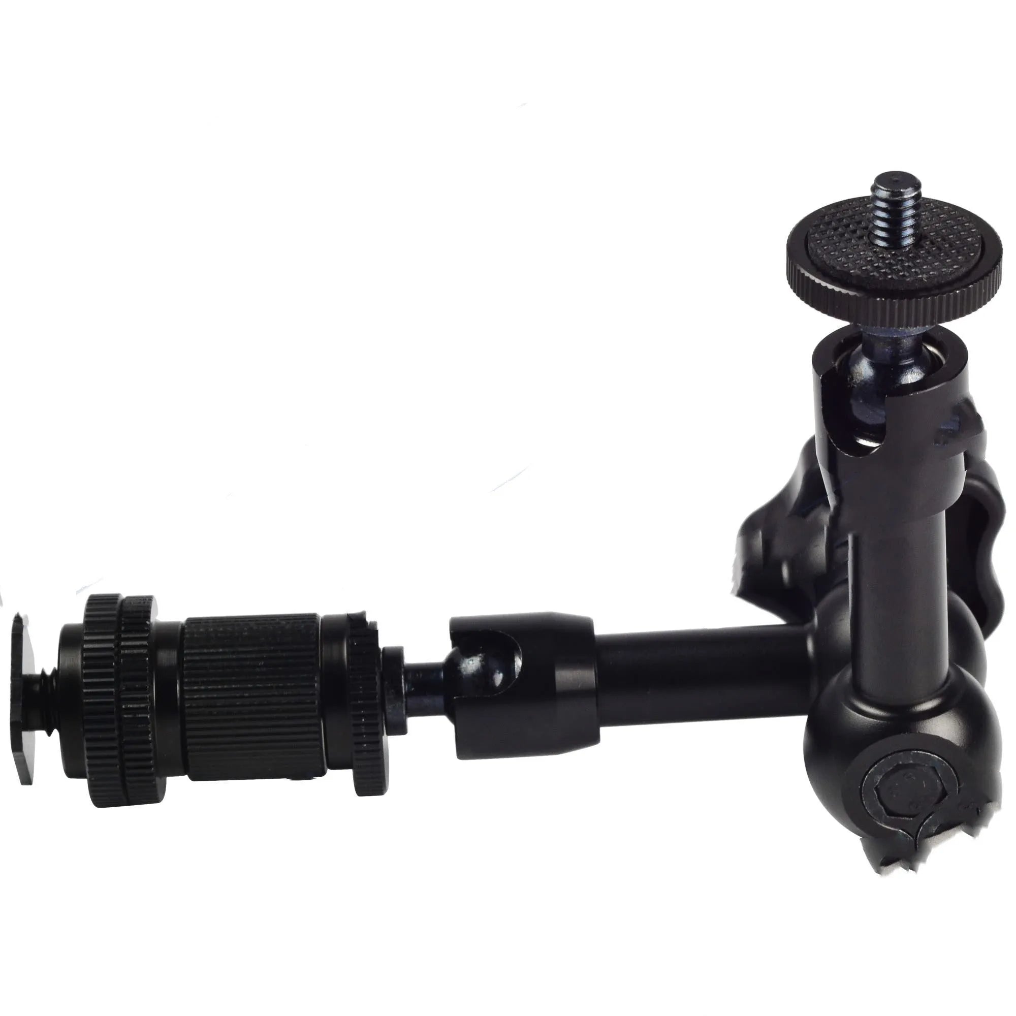 Black all-metal 7-inch magic friction articulating arm for DSLR cameras with hot shoe mount.