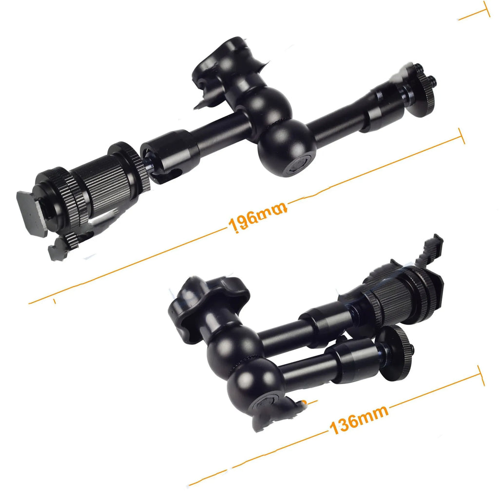 Black all-metal 7-inch magic friction articulating arm for DSLR cameras with hot shoe mount.
