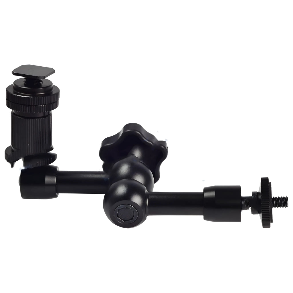 Black all-metal 7-inch magic friction articulating arm for DSLR cameras with hot shoe mount.